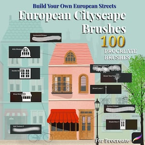 Puede incluir: Ilustración que promociona los pinceles European Cityscape para Procreate. La imagen presenta un edificio rosa con un toldo rojo, ventanas y un balcón. El texto dice "Build Your Own European Streets" y "100 Procreate Brushes."