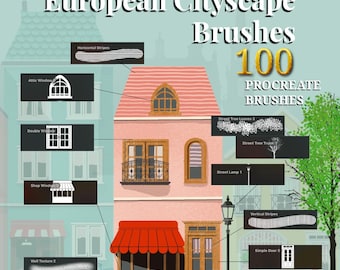 European Cityscape Building Stamps for Procreate – 100 Brushes: Buildings, Windows, Textures & Street Elements | City Illustration Kit