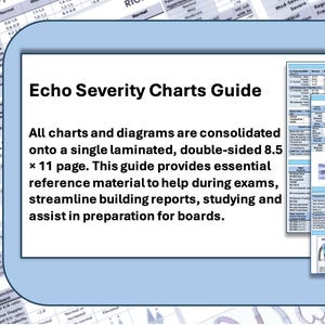 May include: A laminated, double-sided 8.5 x 11 inch Echo Severity Charts Guide. The guide provides essential reference material for exams, report building, and board preparation. Includes example screenshots of charts and diagrams.