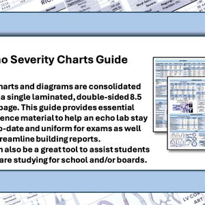 Könnte beinhalten: Ein laminiertes, doppelseitiges Echo Severity Charts Guide im Format 21,6 x 27,9 cm. Der Leitfaden bietet wesentliches Referenzmaterial für Echo-Labore und Studenten. Enthält Tabellen und Diagramme.