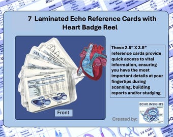 Tarjetas de referencia para ecografía, ecografía cardíaca, ecocardiografía, ecocardiograma, mediciones, cardiología, escalas de gravedad