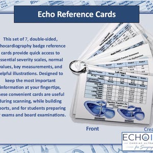 May include: A set of seven double-sided echocardiography reference cards on a metal ring. The cards feature tables with medical data, including ejection fraction and left heart dimensions, alongside blue anatomical illustrations and the Echo Insights logo.