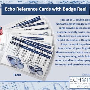 Puede incluir: Un conjunto de siete tarjetas de referencia de ecocardiografía de doble cara con tablas médicas, diagramas y una ilustración del corazón. Las tarjetas están unidas a un carrete de insignia y muestran datos clínicos y mediciones.