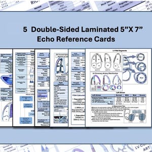 Könnte beinhalten: Fünf doppelseitig laminierte 12,7 cm x 17,8 cm Echo-Referenzkarten. Die Karten enthalten Diagramme und Texte zur Echokardiographie. Die Karten befinden sich in einem hellblauen Rahmen mit dem Text "5 Double-Sided Laminated 5"X 7" Echo Reference Cards."