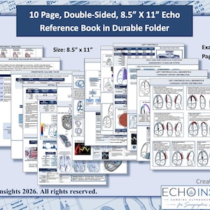 May include: A 10-page, double-sided, 8.5" x 11" Echo Reference Book in a durable folder. The pages feature medical diagrams, charts, and text regarding cardiac ultrasound, including left ventricle wall segments and coronary artery distribution.