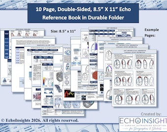 May include: A 10-page, double-sided, 21.6 cm x 27.9 cm Echo Reference Book in a durable folder. The pages feature medical diagrams, charts, and text regarding cardiac ultrasound, including left ventricle wall segments and coronary artery distribution.