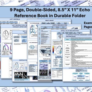 Könnte beinhalten: Ein 9-seitiges, beidseitig bedrucktes 21,6 cm x 27,9 cm Echo-Referenzbuch in einer stabilen Mappe. Die Seiten enthalten medizinische Diagramme, Tabellen und Texte zur Echokardiographie, einschließlich linker Ventrikel, rechtes Herz und Klappen.