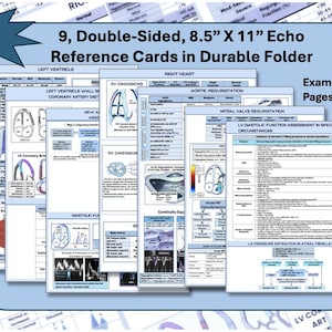 Könnte beinhalten: Ein Satz von neun doppelseitigen Echo-Referenzkarten (21,6 cm x 28 cm) in einem robusten Ordner. Die Karten zeigen medizinische Diagramme und Text. Die Wörter "New!" und "Example Pages:" sind sichtbar. Der Ordner ist hellblau.