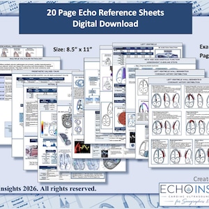 Könnte beinhalten: Eine Sammlung von 20 Echo-Referenzblättern als digitaler Download, die 21,59 cm mal 27,94 cm messen. Die Blätter enthalten medizinische Diagramme, Tabellen und Texte zur Herzultraschalluntersuchung, einschließlich der Segmente der linken Herzkammer.