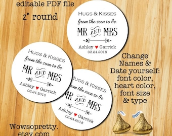 INSTANT PRINTABLE Hugs and kisses tags soon to be mr and mrs bridal shower tags Wedding tags Mason Jar tags custom thank you rustic kraft 2"