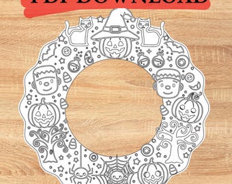Halloween Wreath Coloring Craft Printable | Kids Cut and Paste Paper Activity | DIY