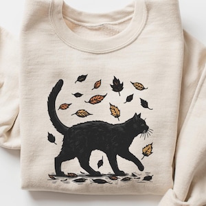 Black Cat Autumn Sweatshirt, Cat Graphic Tee, Gift For Cat Lovers, Cat Moms, Cozy Women Sweatshirt, Kitten Mom Sweater, Comfy Fall T-Shirt image 1