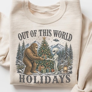 Otroligt rolig jultröja, rolig Bigfoot Alien jultröja, Sasquatch UFO jultröja, retro Cryptid Cottagecore-present