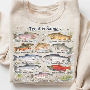 Sudadera para identificar truchas y salmones, sudadera de cuello redondo con especies de peces de agua dulce, regalo para amantes de la pesca y la naturaleza, suéter estilo cabaña boscosa para pescadores