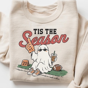 Tis The Season Football Ghost Sweatshirt, Retro Fall Crewneck, Spooky Game Day Pullover, Cute Halloween Sweater, Iced Coffee Lover Gift