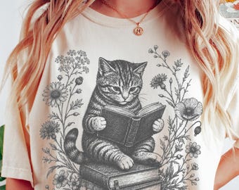 Camiseta vintage de gatito lector, camiseta estilo cottagecore de gato lector, regalo moderno para amantes de los libros, camiseta de bibliotecaria amante de los libros, camiseta de mamá de gatos con flores silvestres