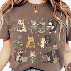 Coffee Cats T-Shirt, Catpuccino Tshirt, Espresso Lover Gift, Kawaii Kitten Barista Tee, Cottagecore Caffeine Apparel, Cat Mom Latte Top