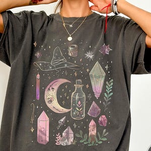 Celestial Mystic Graphic T-Shirt, Witchy Tee, Crystal Moon Potion Bottle, Vintage Washed Shirt, Oversized Boho Top, Aesthetic Unisex Outfit