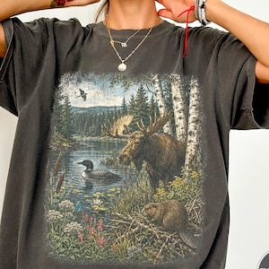 Vintage Nature Wildlife T-Shirt, North Woods Tee, Cottagecore Lake Loon Graphic, Oversized Comfort Colors, Cabincore Gift, Outdoor Apparel