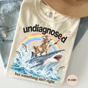 Könnte beinhalten: Ein elfenbeinfarbenes T-Shirt mit dem Text "undiagnosed" über einer Grafik einer Ziege, die auf einem Hai im Ozean reitet, begleitet von einem Regenbogen, Feuerwerk und Fischen. Es liegt zusammen mit einer blauen Jeans, einem Hut und einer Kette.