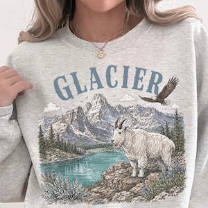 Sweatshirt met afbeelding van Glacier National Park, trui met berggeit, retro cadeau voor natuurliefhebbers, vintage shirt met dieren in het wild, Montana wandel- en outdoor trui
