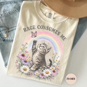 Vintage Rage Consumes Me T-shirt, rolig kattkomfortfärgad t-shirt, ironisk meme-t-shirt, blommig kattunge-regnbågstopp, sarkastisk mental hälsa-gåva