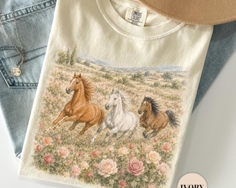 Western Horse Comfort Colors® T-Shirt, Wildflower Tee, Cowgirl Floral Graphic Tshirt, Boho Country Aesthetic Top, Rose Field Equestrian Gift