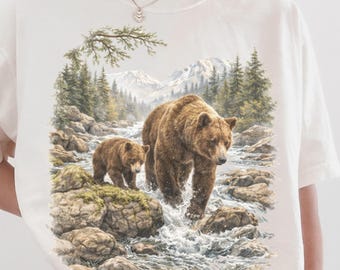 Vintage 90s Grizzly Bear and Cub T-Shirt, Rustic Mountain Wildlife Nature Shirt, Forest Landscape Illustration, Oversized Cottagecore Top