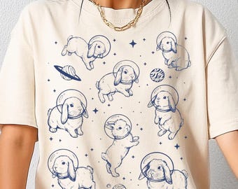 Comfort Colors® Bunnies in Space T-Shirt, Retro Graphic Tshirt, Vintage Rabbit Lover Gift, Oversized Bunny  Tee, Cotton Unisex Boho Apparel