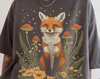 ボヘミアン風ウッドランドフォックスTシャツ、ボヘミアンコテージコアTシャツ、かわいいキツネ好きシャツ、自然美学、野花の森Tシャツ、ヒッピーギフト（彼女へのプレゼント）