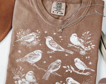 Vintage 90s Birds T-Shirt, Retro Comfort Colors® Y2k Nature Shirt, Heron Tee, Forest Wildflower Tshirt, Unisex Adult Tee, Floral Bird Gift