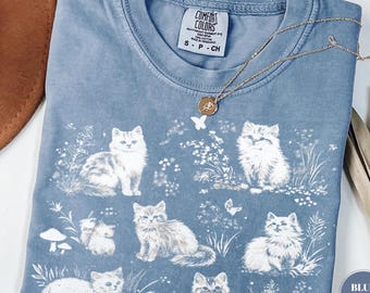 Camiseta vintage de gatos de los 90, camiseta con gatitos de colores cómodos, camiseta con estampado retro de gatitos cottagecore, camiseta extragrande, top con estampado floral de mascota adorable