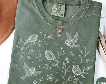 Comfort Colors® Botanical Birds T-Shirt, Cottagecore Nature Tshirt, Cute Floral Sparrow Tee, Boho Wildflower Top, Vintage Garden Lover Gift
