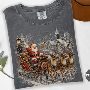 Vintage Santa Sleigh Christmas T-Shirt, Comfort Colors Reindeer Tee, Retro Snowy Village Holiday Tshirt, Cute Xmas Gift, Women's Unisex Top
