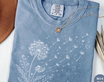Camiseta Comfort Colors® con estampado de diente de león y flores silvestres, camiseta floral estilo boho, camiseta con estampado de flor de los deseos, regalo de estilo cottagecore inspirado en la naturaleza, camiseta botánica original.