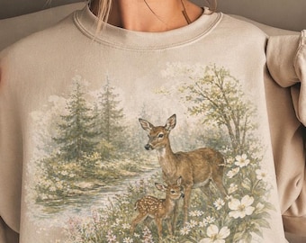 Vintage 90s Deer Woodland Sweatshirt, Floral Forest Crewneck, Cottagecore Nature Pullover, Botanical Fawn Shirt, Boho Wildflower Outfit