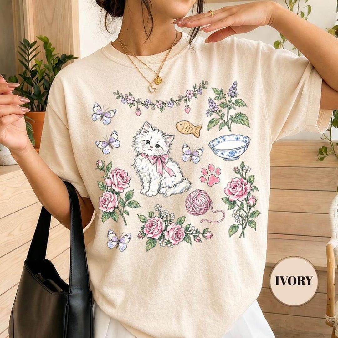 Coquette Kitten T-shirt, Pink Bow Cat Tee, Vintage Rose Butterfly Top ...