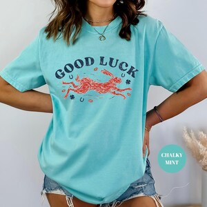 K&ouml;nnte beinhalten: Ein t&uuml;rkisfarbenes T-Shirt mit den Worten "GOOD LUCK" in Marineblau &uuml;ber einer laufenden roten Kaninchenillustration. Das Shirt zeigt auch Hufeisen- und Kleeblattgrafiken. Das Shirt ist ein bequemer, l&auml;ssiger Stil.