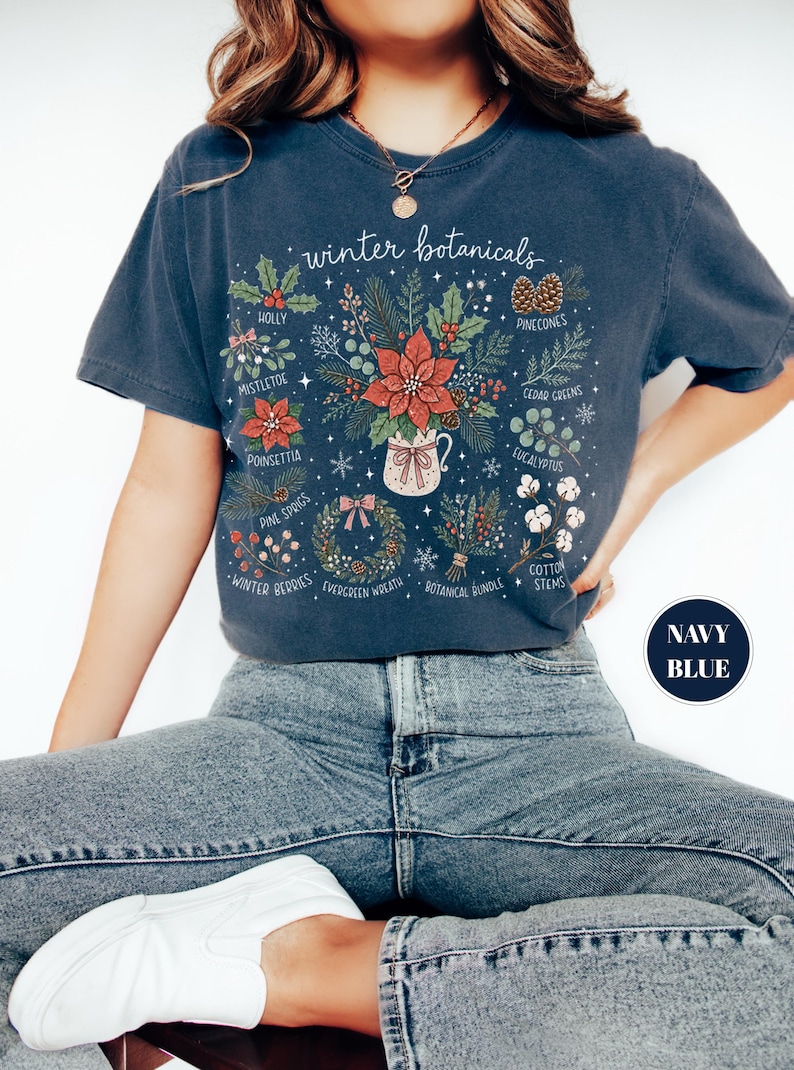 Winter Botanicals T-Shirt, Cottagecore Christmas Tee, Comfort Colors Holiday Plant Lover Gift, Floral Xmas Tshirt, Aesthetic Winter Present image 2