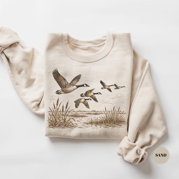 Vintage Flying Canada Geese Sweatshirt, Retro Waterfowl Shirt, Marsh Wildlife Pullover, Nature Lover Gift, Trendy Hunter Outdoor Sweater