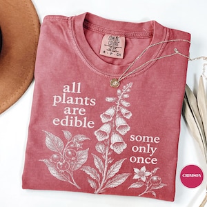 以下が含まれることがあります： くすんだピンク色の半袖Tシャツ。植物のイラストと「all plants are edible some only once」という文字が白でプリントされています。クルーネックで、襟の内側にはComfort Colorsのブランドラベルが付いています。