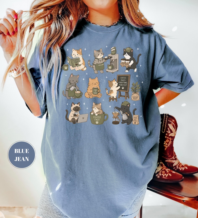 Coffee Cats T-Shirt, Catpuccino Tshirt, Espresso Lover Gift, Kawaii Kitten Barista Tee, Cottagecore Caffeine Apparel, Cat Mom Latte Top image 11