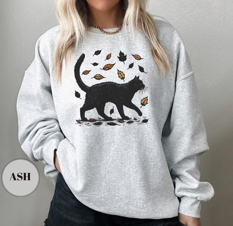 Black Cat Autumn Sweatshirt, Cat Graphic Tee, Gift For Cat Lovers, Cat Moms, Cozy Women Sweatshirt, Kitten Mom Sweater, Comfy Fall T-Shirt image 2