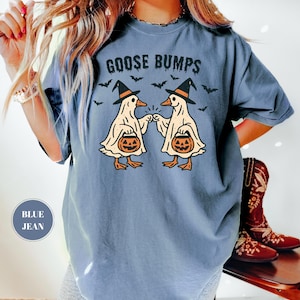 May include: Blue jean colored t-shirt with a Halloween-themed graphic. The graphic features two cartoon geese wearing witch hats and holding jack-o'-lanterns, with the text "GOOSE BUMPS" above them and bats in the background.