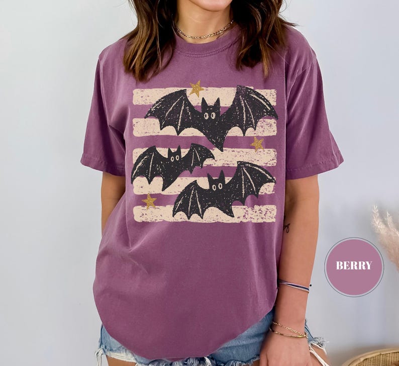 Vintage Bat Halloween T-Shirt, Retro Spooky Season Tee, Comfort Colors Fall Top, Boho Witchy Goth Apparel, Cute Oversized Cottagecore Gift image 14