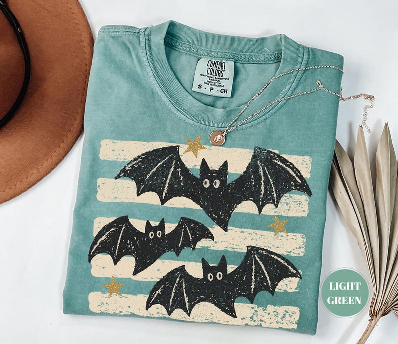 Vintage Bat Halloween T-Shirt, Retro Spooky Season Tee, Comfort Colors Fall Top, Boho Witchy Goth Apparel, Cute Oversized Cottagecore Gift image 3