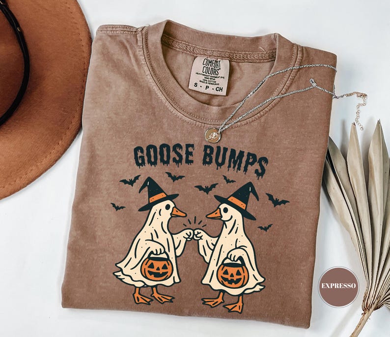 May include: Brown t-shirt with the text "GOOSE BUMPS" and a graphic of two geese wearing witch hats and holding jack-o'-lanterns. The geese are giving each other a fist bump. Bats are flying above the geese. A silver necklace is draped across the shirt.