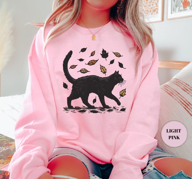 Black Cat Autumn Sweatshirt, Cat Graphic Tee, Gift For Cat Lovers, Cat Moms, Cozy Women Sweatshirt, Kitten Mom Sweater, Comfy Fall T-Shirt image 3