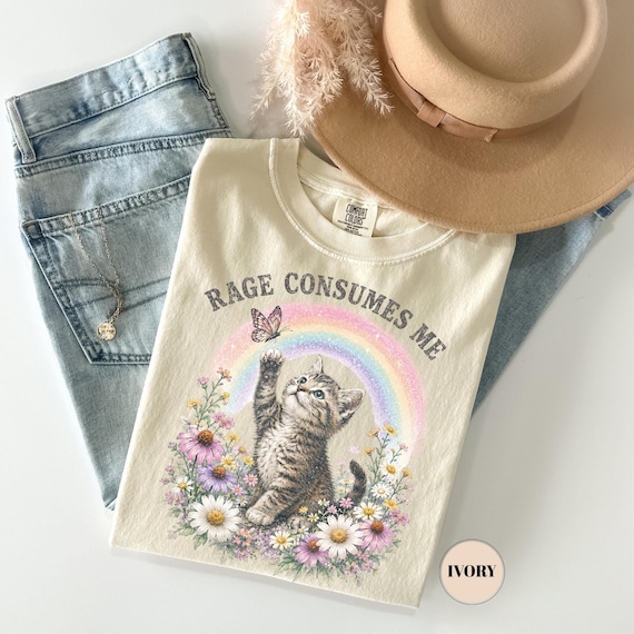 Vintage Rage Consumes Me T-Shirt, Funny Cat Comfort Colors Tee, Ironic Meme Tshirt, Floral Kitten Rainbow Top, Sarcastic Mental Health Gift