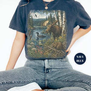 Vintage Nature Wildlife T-shirt, North Woods Tee, Cottagecore Lake Loon-grafik, Stora komfortfärger, Cabincore-present, Friluftskläder bild 6
